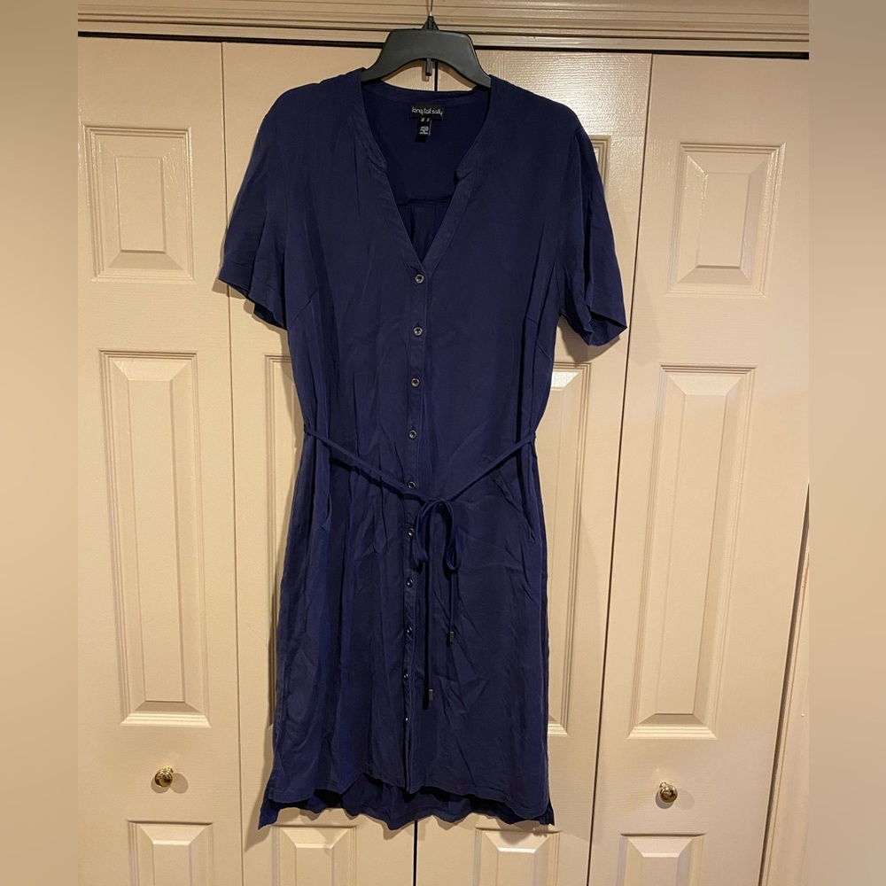 LTS Short Sleeve V-Neck Navy Button Down Dress